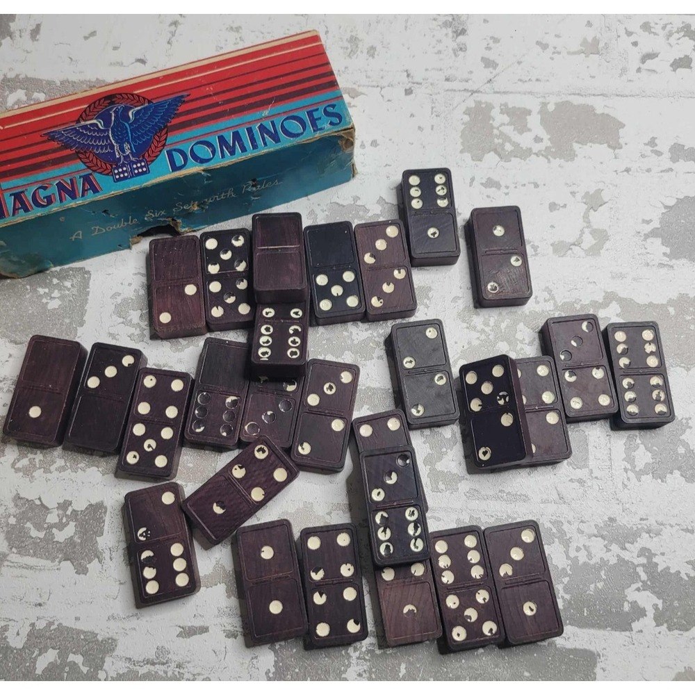 Vintage‎ Halsam Magna Dominoes No.225 Double Six 28 Tiles Eagle Back USA Box